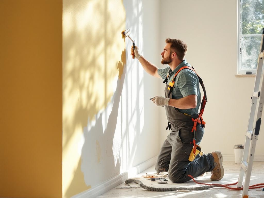 Professional painter applying fresh paint to an interior wall with precision