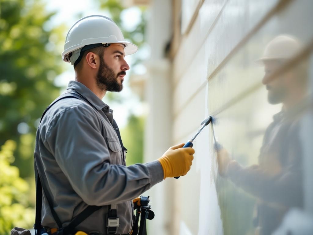 Professional technician painting the exterior of a house with modern tools and natural lighting