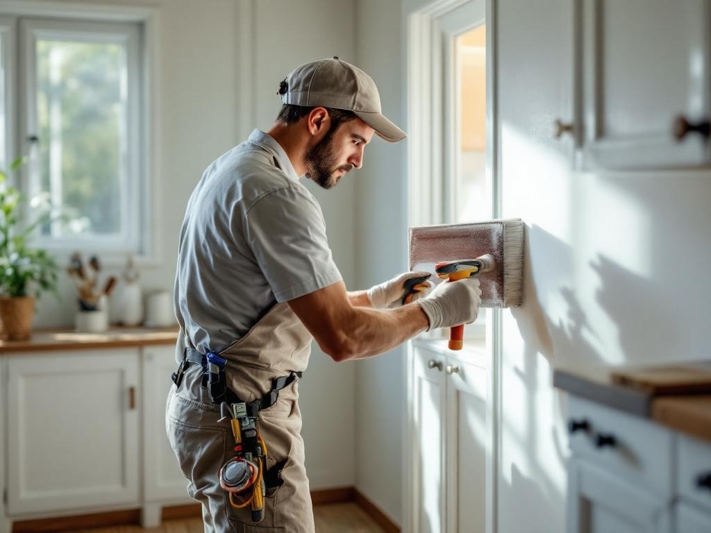 Professional painting technician refinishing cabinet doors with precision and modern tools