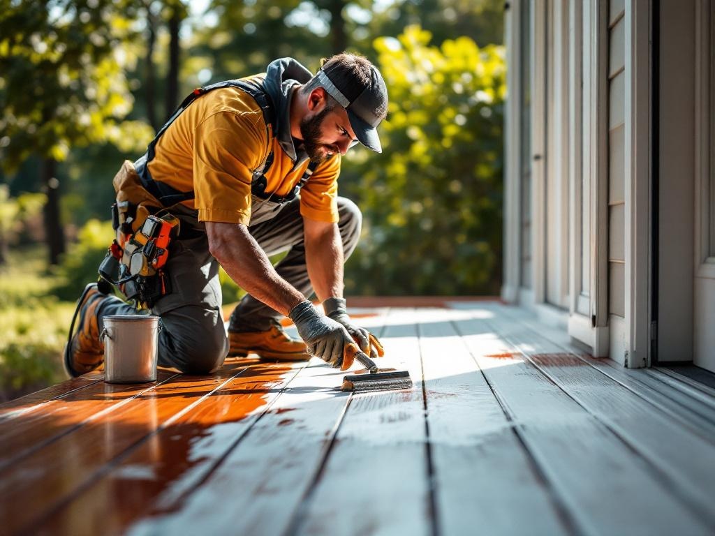Professional technician staining a wooden deck with realistic tools and natural lighting