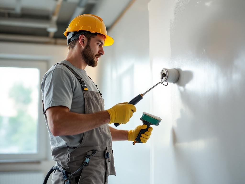 A professional painter working on a commercial building with tools and equipment