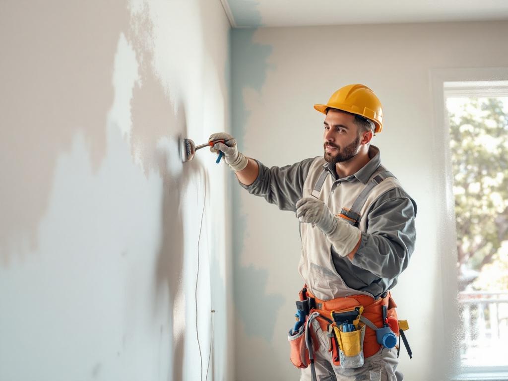 Professional painter working on an interior wall with high-quality tools and precision