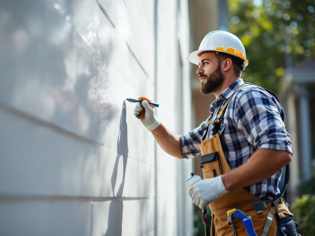 Technician in work attire painting the exterior of a building with precision and proper tools