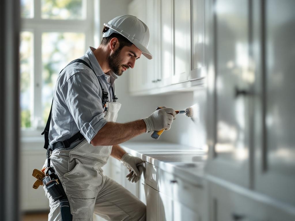 Professional painter refinishing kitchen cabinets with high-quality tools and equipment.