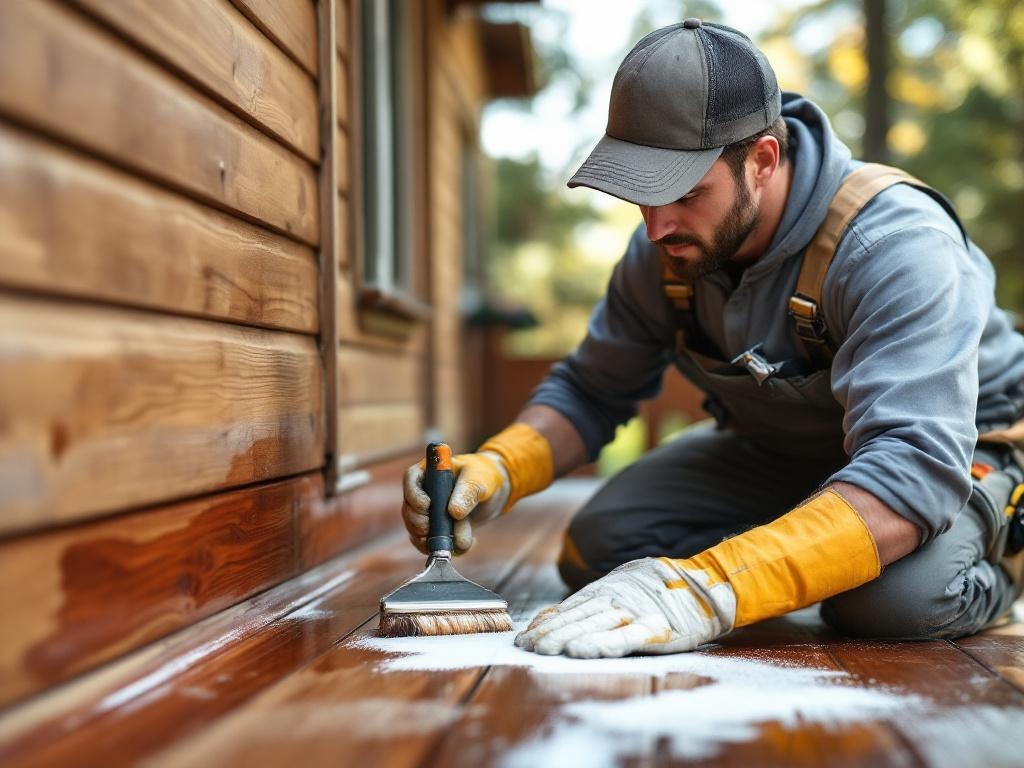 Professional technician staining a wooden deck with proper tools and equipment