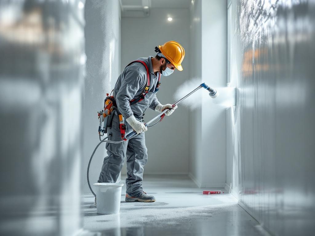 Professional painting technician performing commercial paint with tools and natural lighting