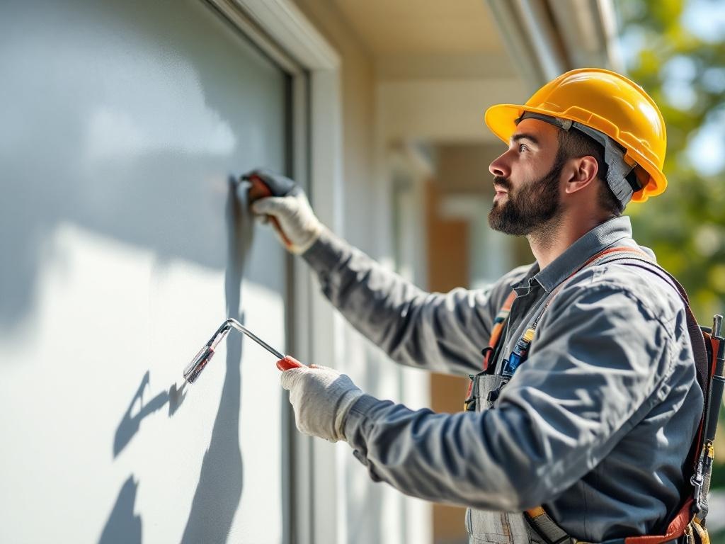 Professional painter in action painting the exterior of a house with precision.