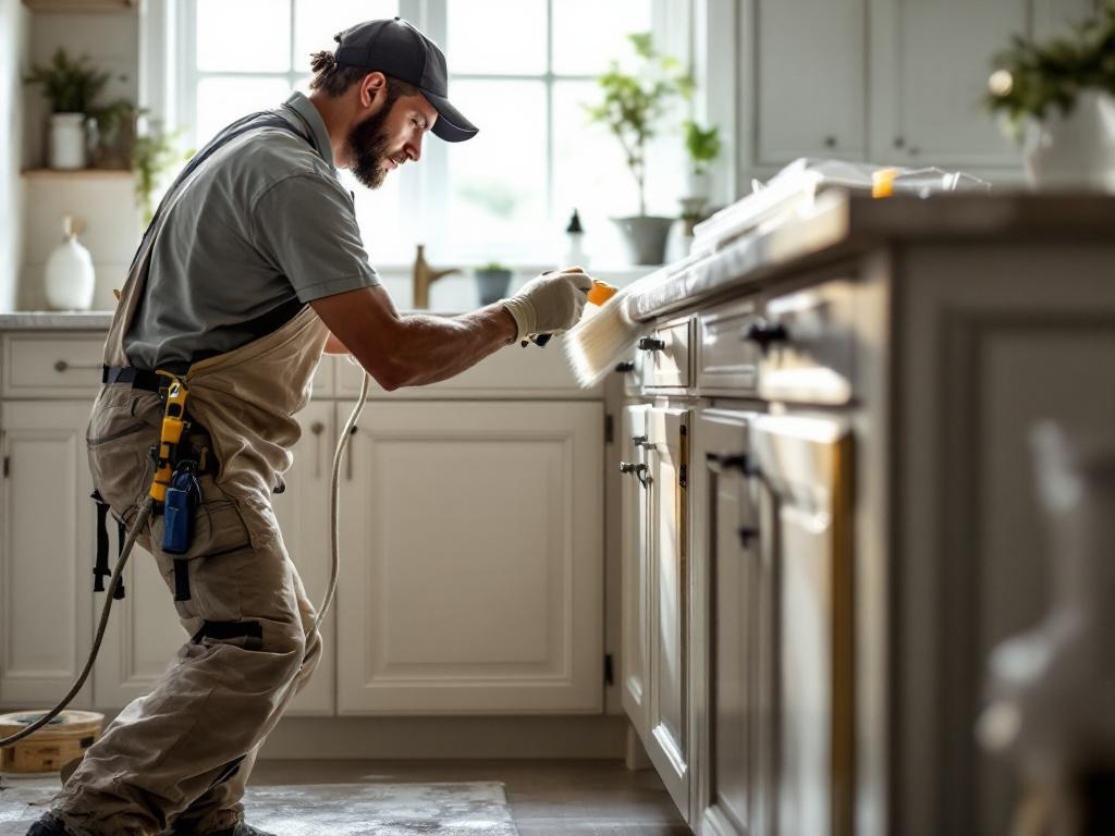 Professional technician refinishing kitchen cabinets with tools and natural lighting