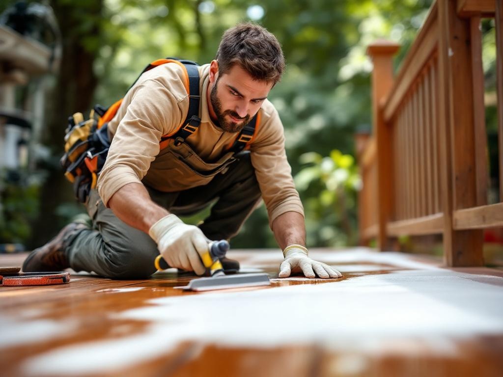 Professional deck staining technician applying stain with precision and expert tools outdoors