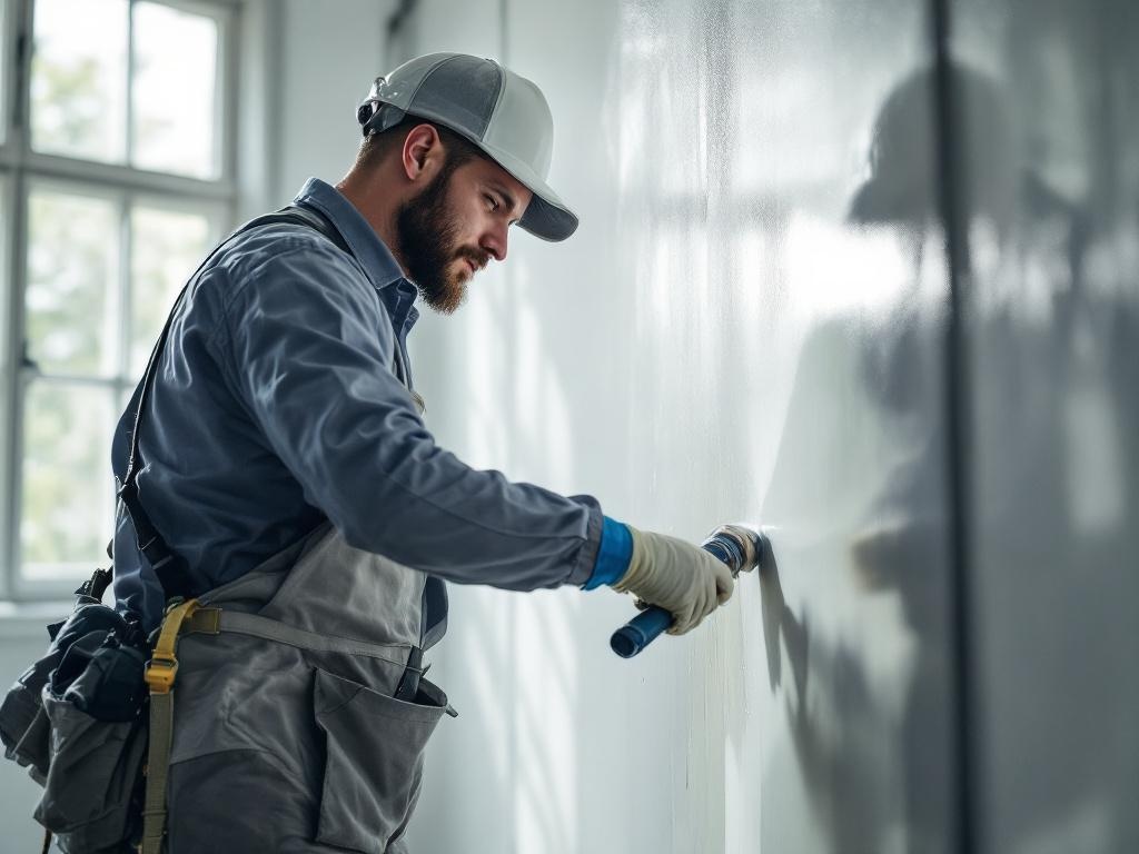 Professional painter in uniform applying commercial paint with precision and modern tools