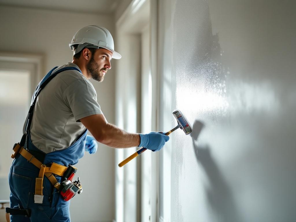 Professional painter in uniform applying fresh paint on interior walls using premium tools