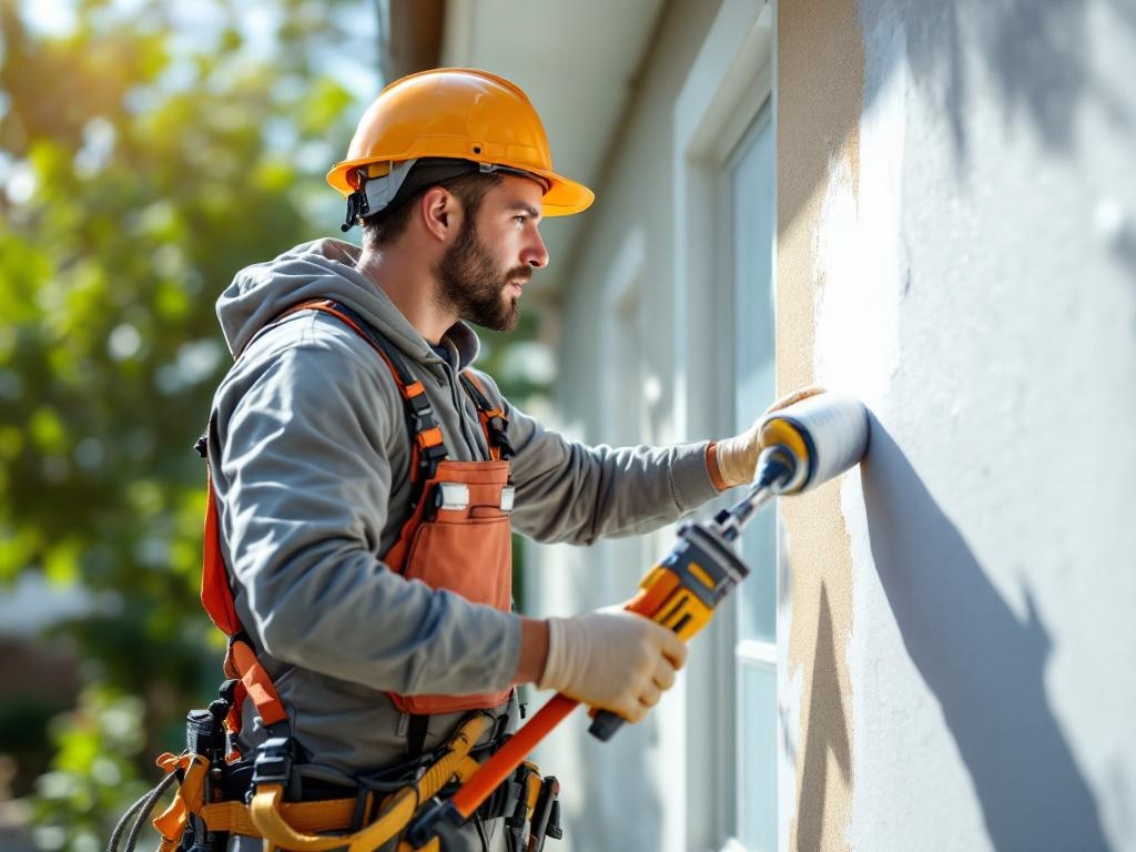 Professional painter working on the exterior of a home with tools and equipment