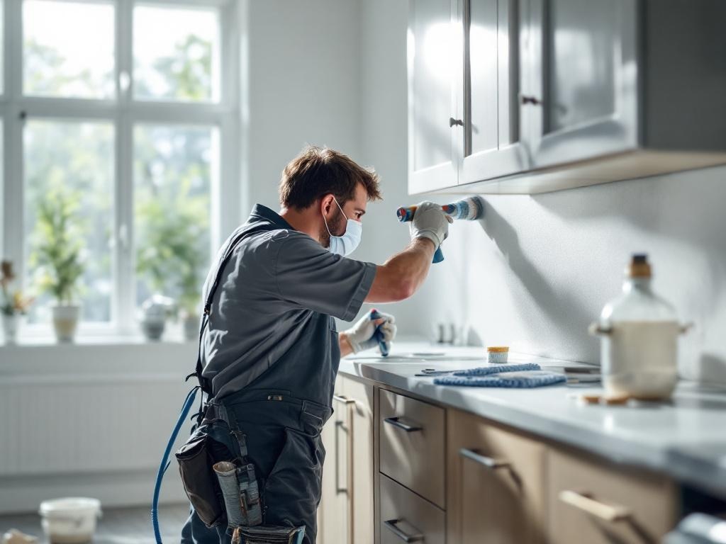 Professional painting technician refinishing kitchen cabinets with tools and natural lighting
