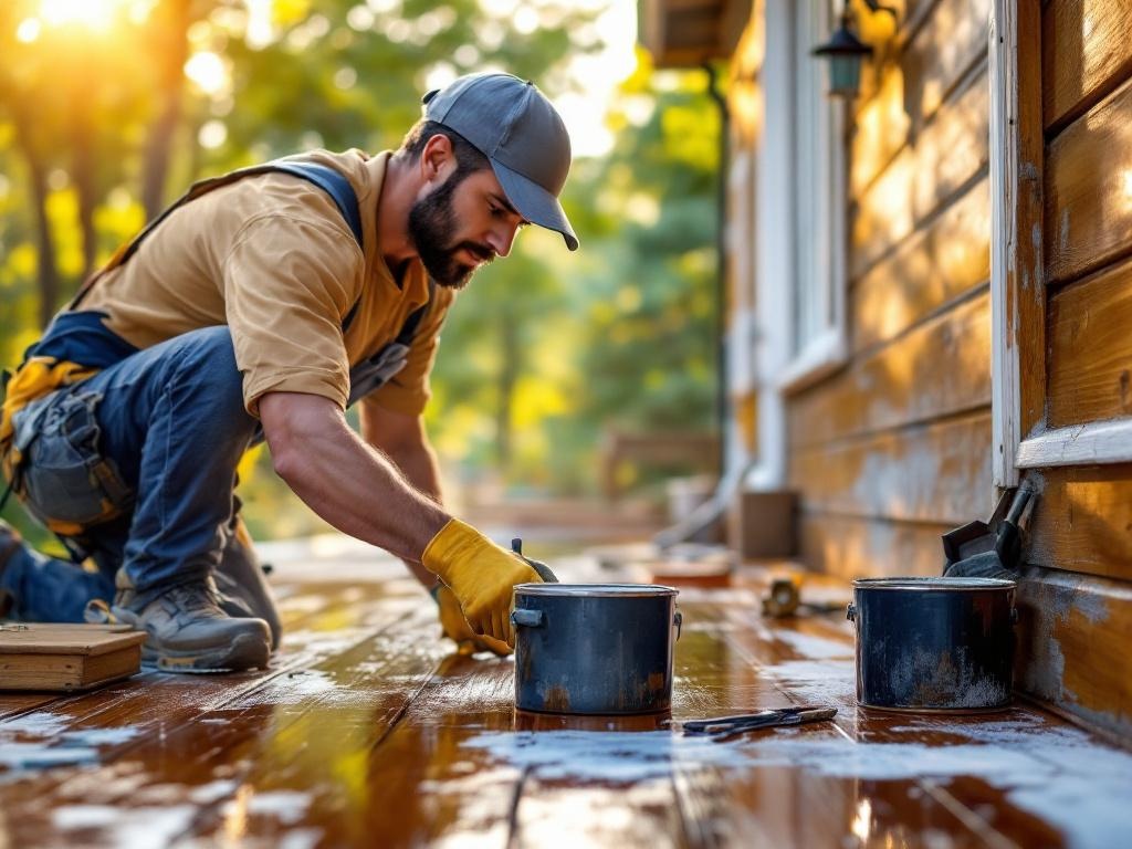 Professional painter staining a wooden deck using high-quality tools in natural lighting