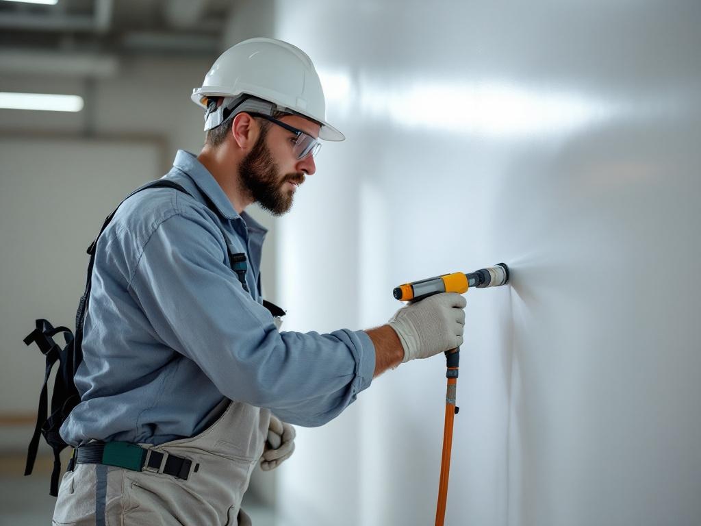 Professional painting technician applying commercial paint with precision using high-quality tools.