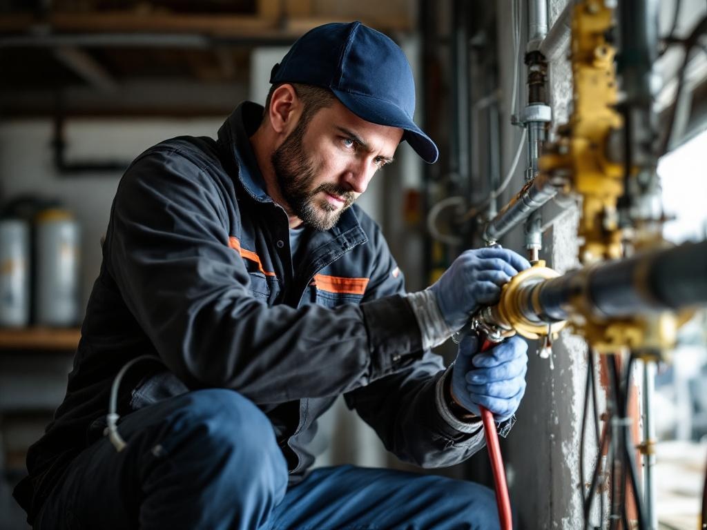Professional plumber repairing a pipe using tools with precision and care