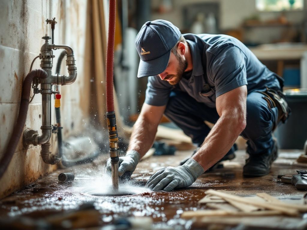 Professional plumber cleaning a drain with specialized tools and equipment in action