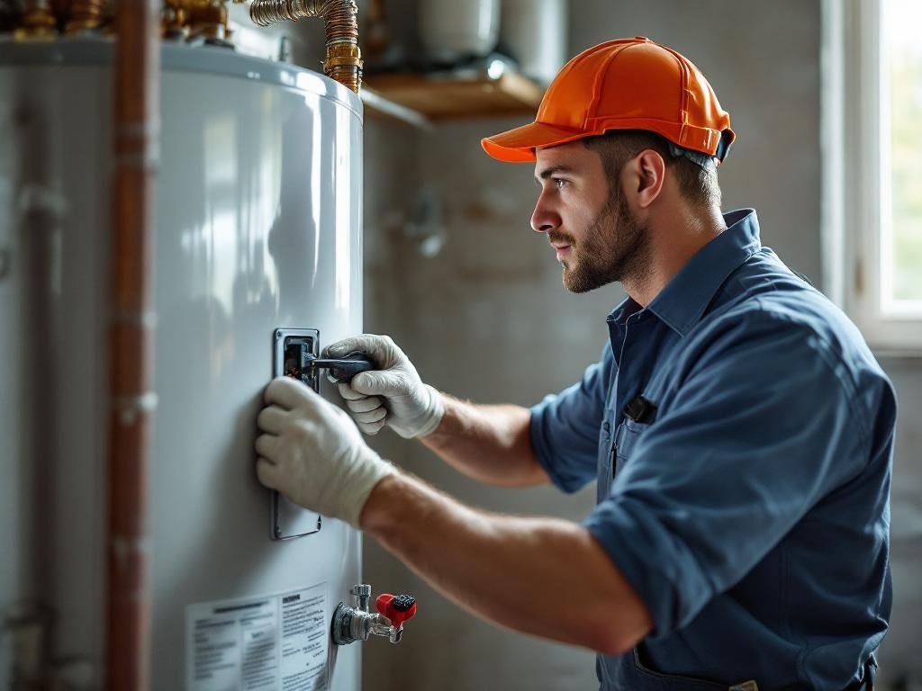 Plumber performing a professional water heater installation with proper tools and equipment
