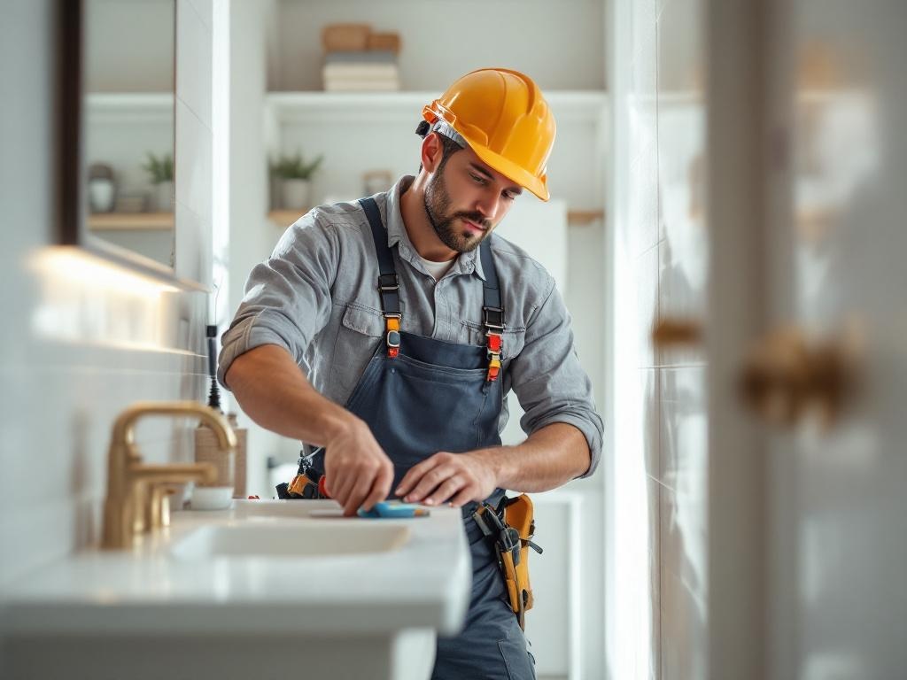 Professional plumber remodeling a bathroom with tools and equipment in natural lighting