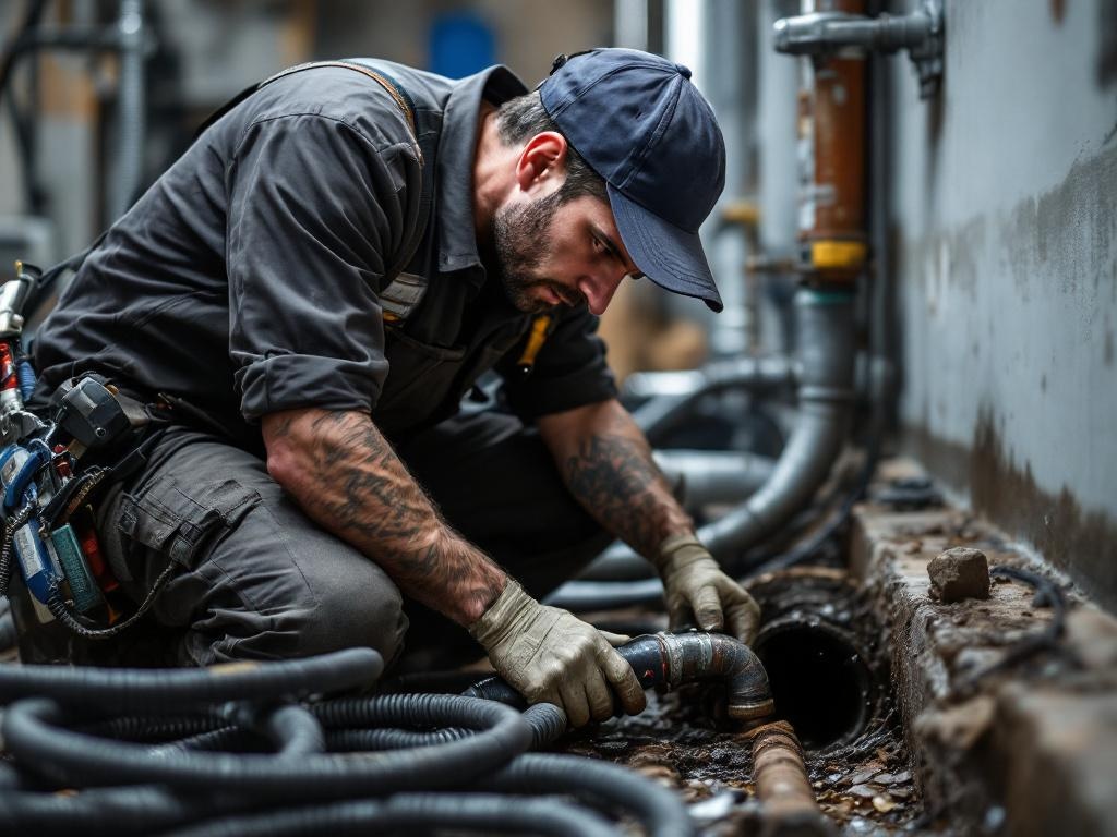 Professional plumber conducting sewer service with tools and equipment in action
