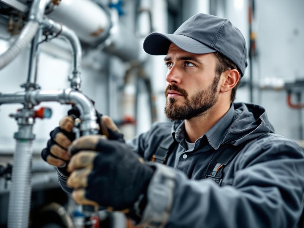 Professional plumber repairing a pipe with proper tools and equipment under natural lighting