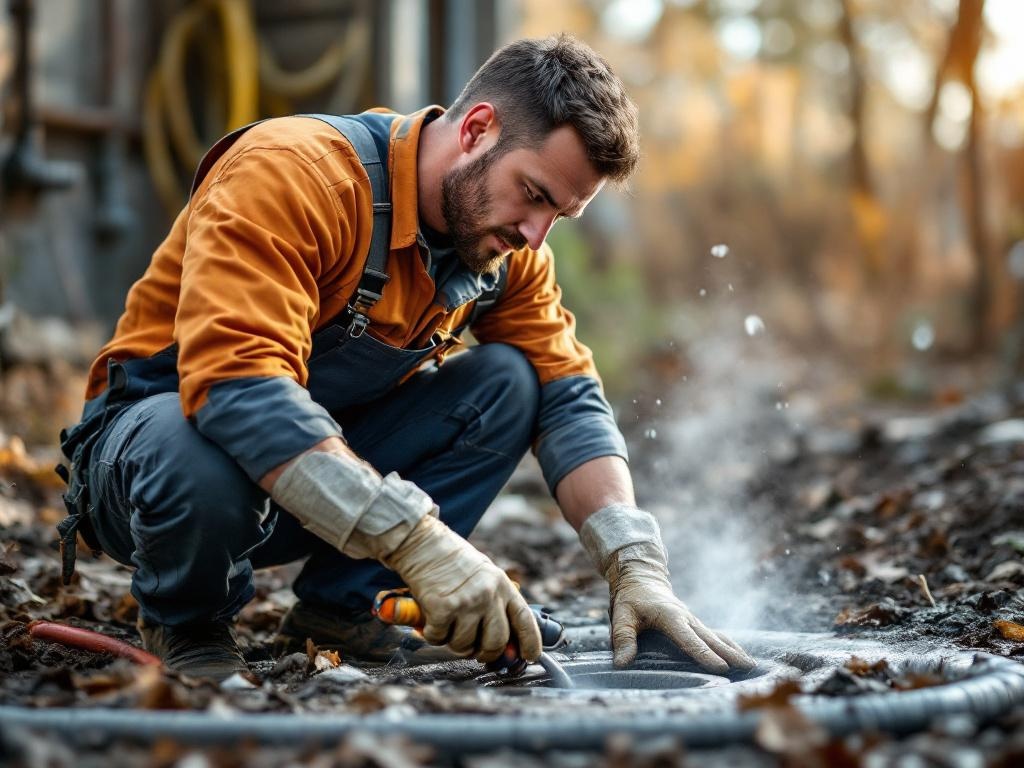 Professional plumber performing drain cleaning with tools and equipment in action