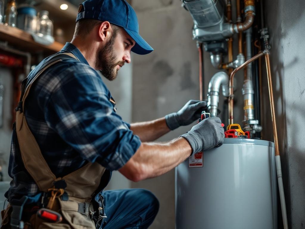 Professional plumber installing a water heater using tools in a residential home