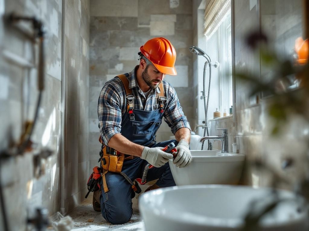 Professional plumber performing a bathroom remodel with tools and equipment in natural light