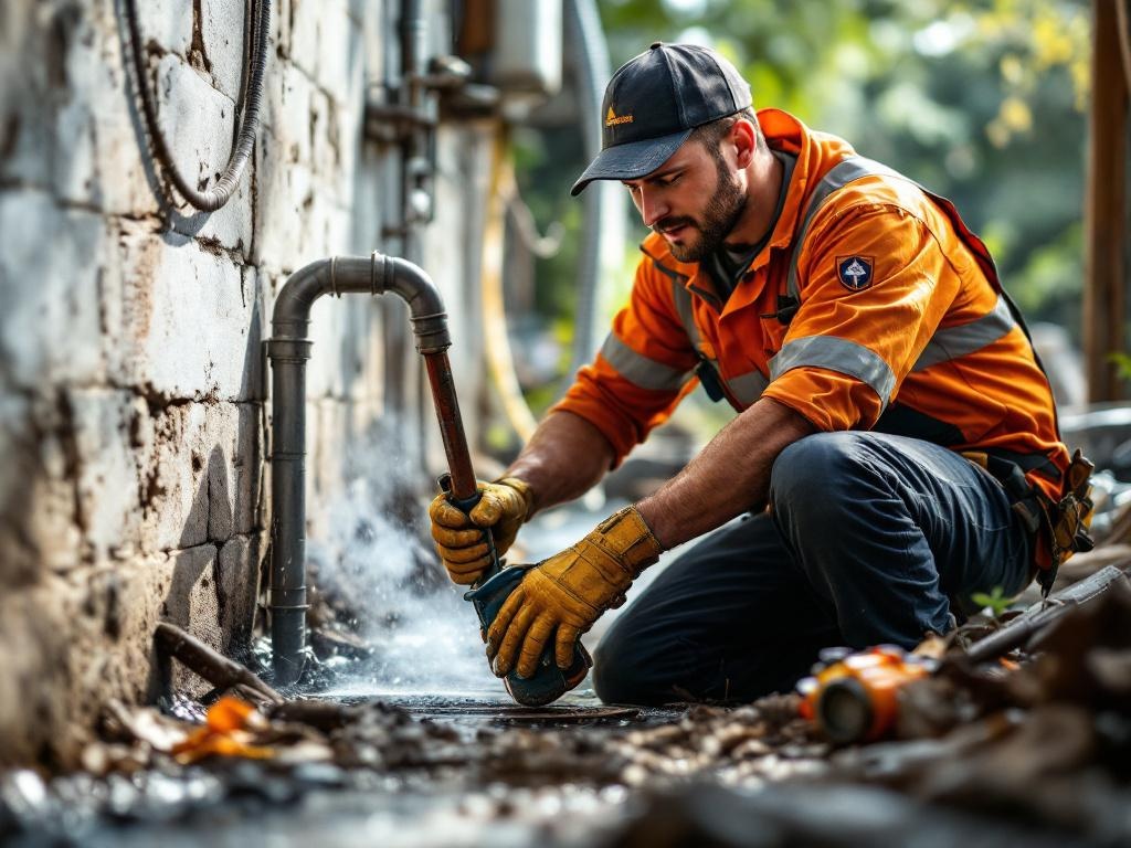 Plumbing technician performing sewer service with tools and equipment in natural lighting
