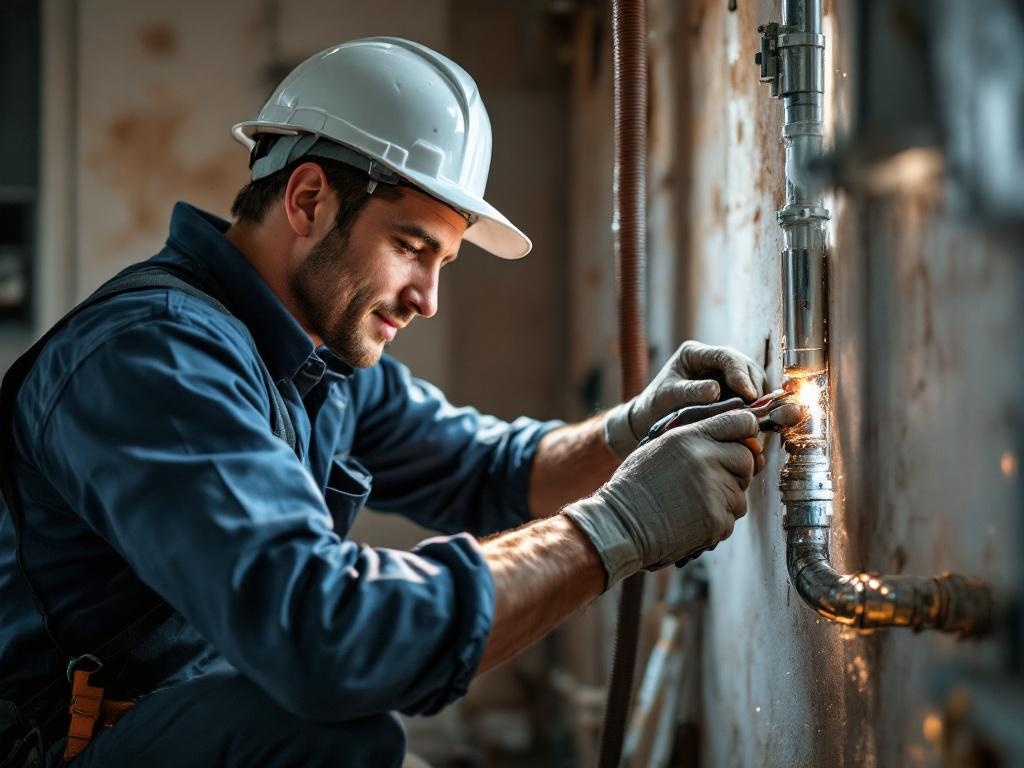 Professional plumber repairing a pipe with tools under natural lighting