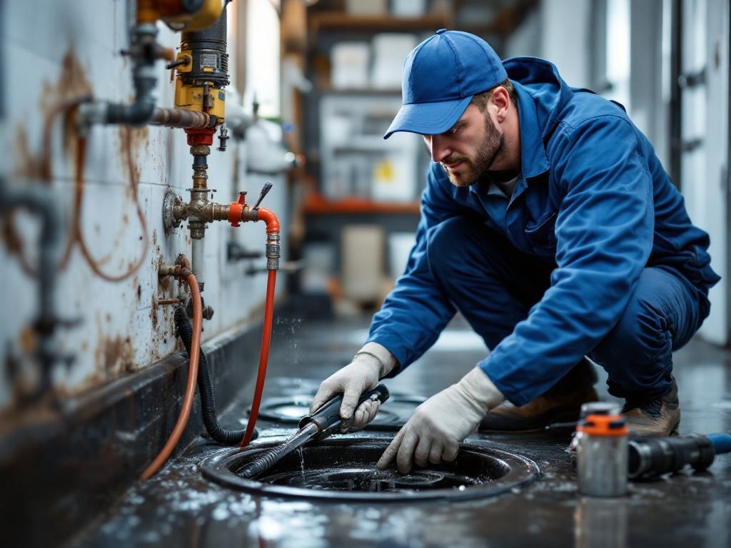 Professional plumber performing drain cleaning with specialized tools in a residential setting