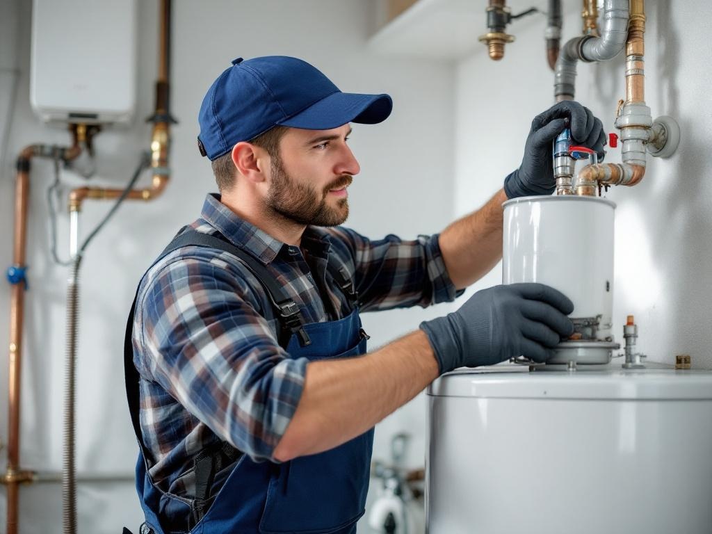 Professional plumber installing a water heater with tools and equipment