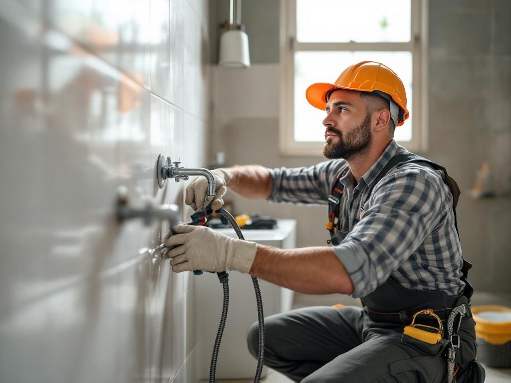 Professional plumber performing a bathroom remodel using tools and modern equipment