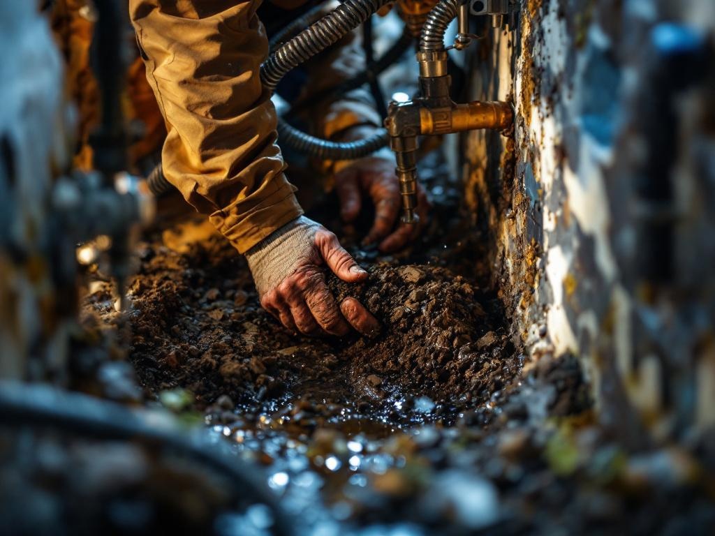 Professional plumber performing sewer service with tools and equipment outdoors