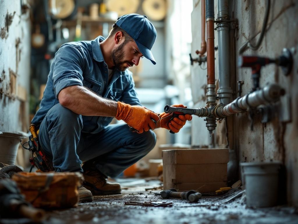 Professional plumber performing pipe repair using tools under natural lighting