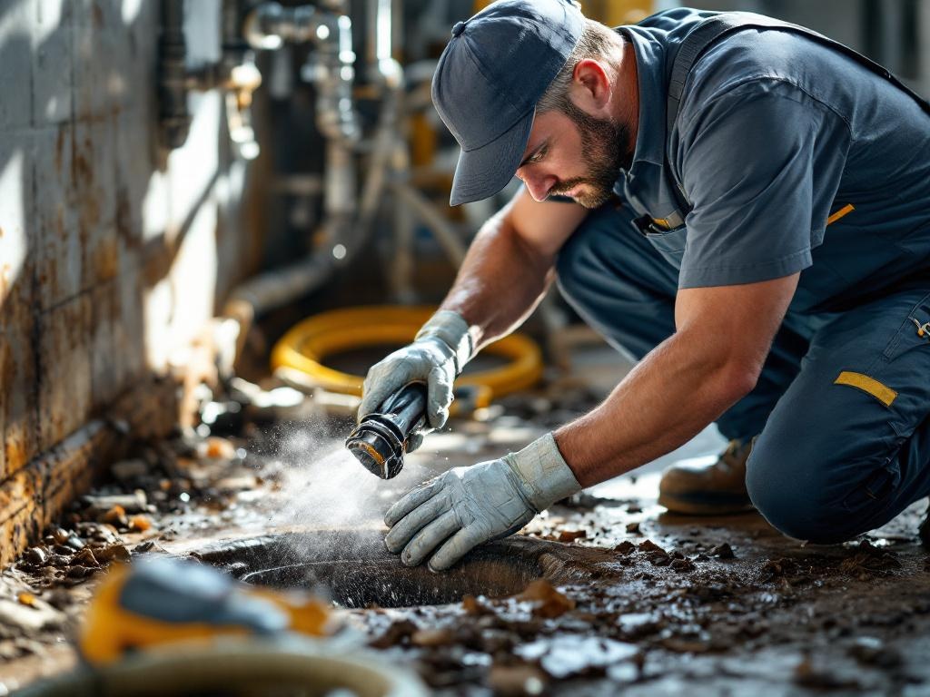 Professional plumber cleaning a household drain with specialized tools and equipment