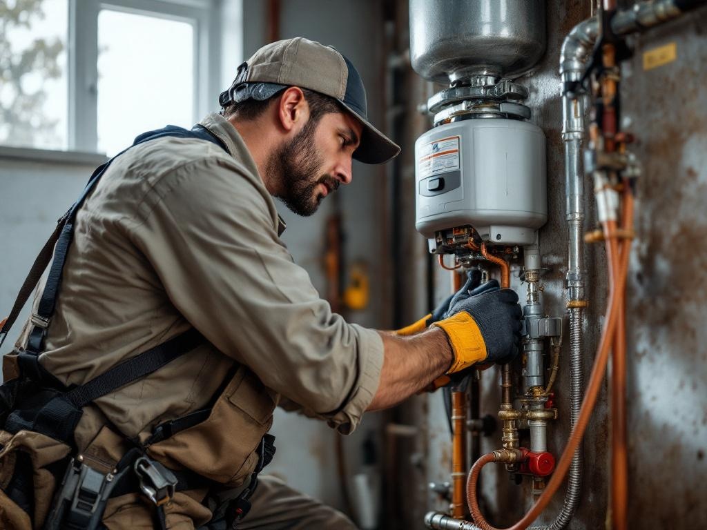 Licensed plumber installing a water heater with tools and equipment in a home setting