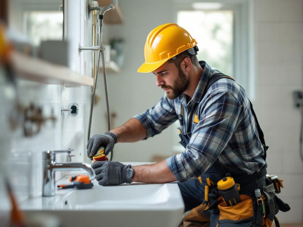 Plumber performing professional bathroom remodel with tools and equipment in use