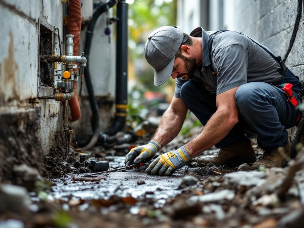 Professional plumber providing sewer service with tools and equipment in action