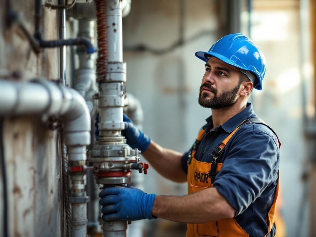 Professional plumbing technician repairing a pipe with specialized tools in natural lighting