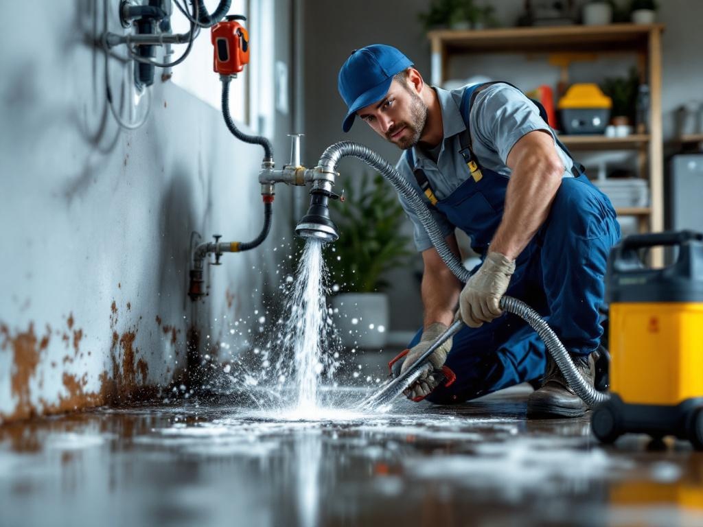 Plumber in action professionally cleaning a clogged drain with proper tools