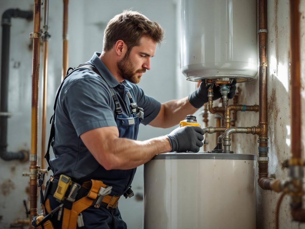 Plumbing technician installing a water heater using professional tools and equipment