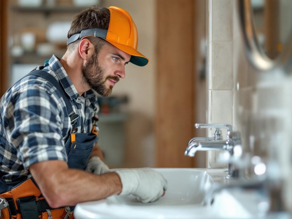Professional plumber performing detailed bathroom remodel with tools and fixtures