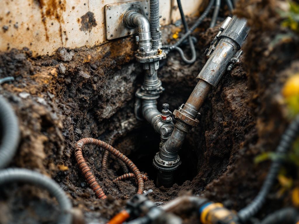 Professional plumber performing sewer service with tools and equipment in realistic setup