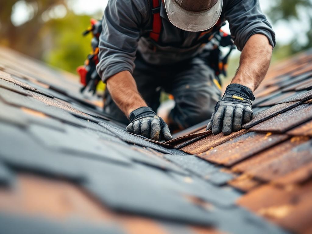Professional roofing technician installing shingle roofing with tools under natural lighting