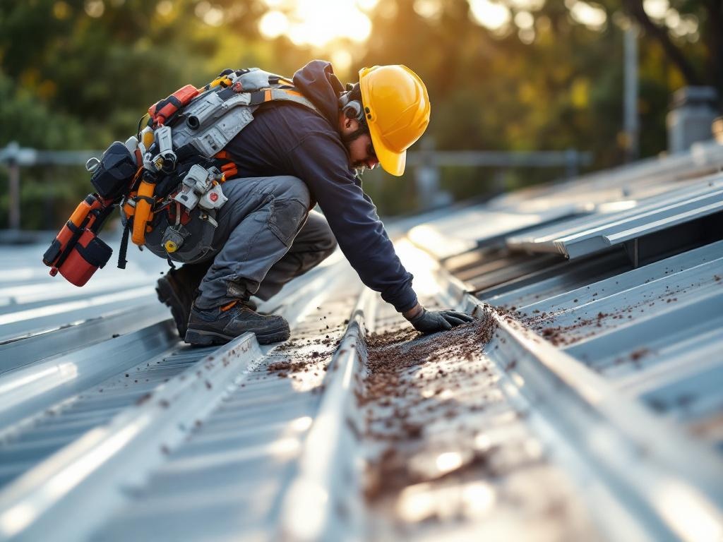 Professional roofer installing durable metal roofing with proper tools and safety gear
