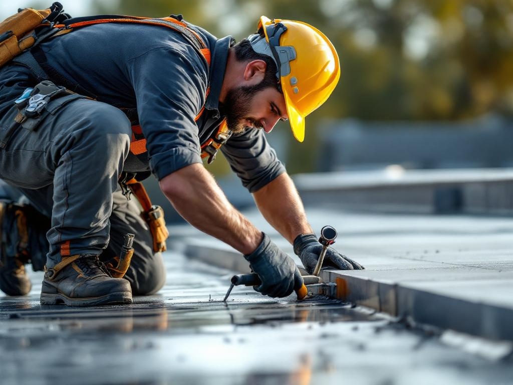 Professional roofer repairing a flat roof using tools in natural daylight