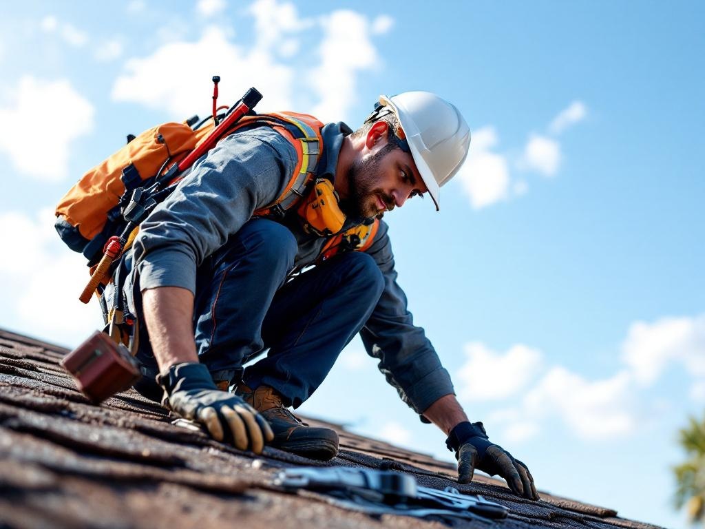 Experienced roofing technician inspecting a residential roof with proper tools and safety gear
