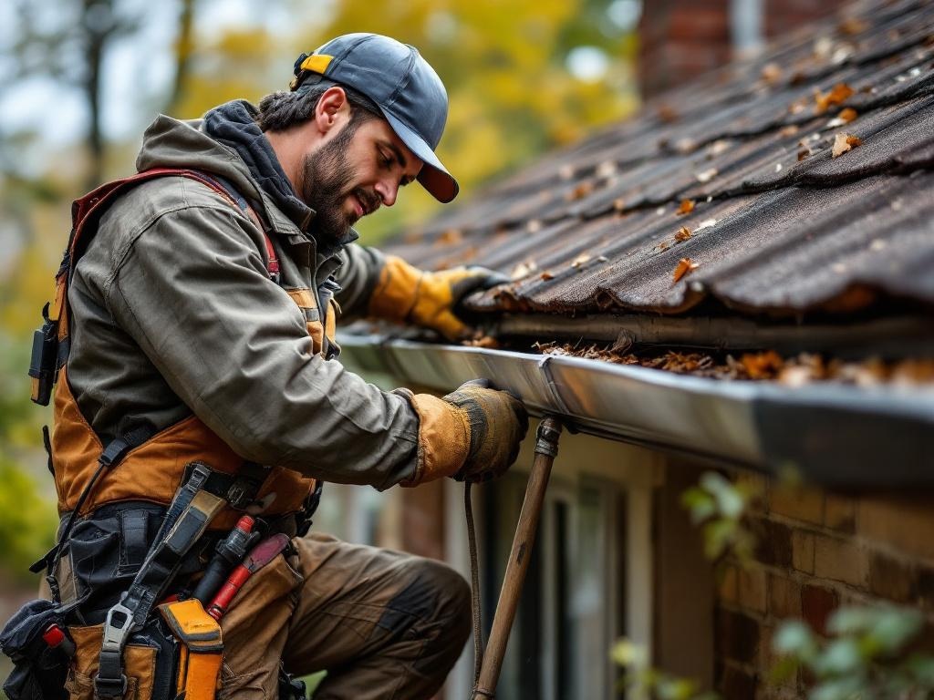 Professional roofing technician installing gutters with tools under natural lighting