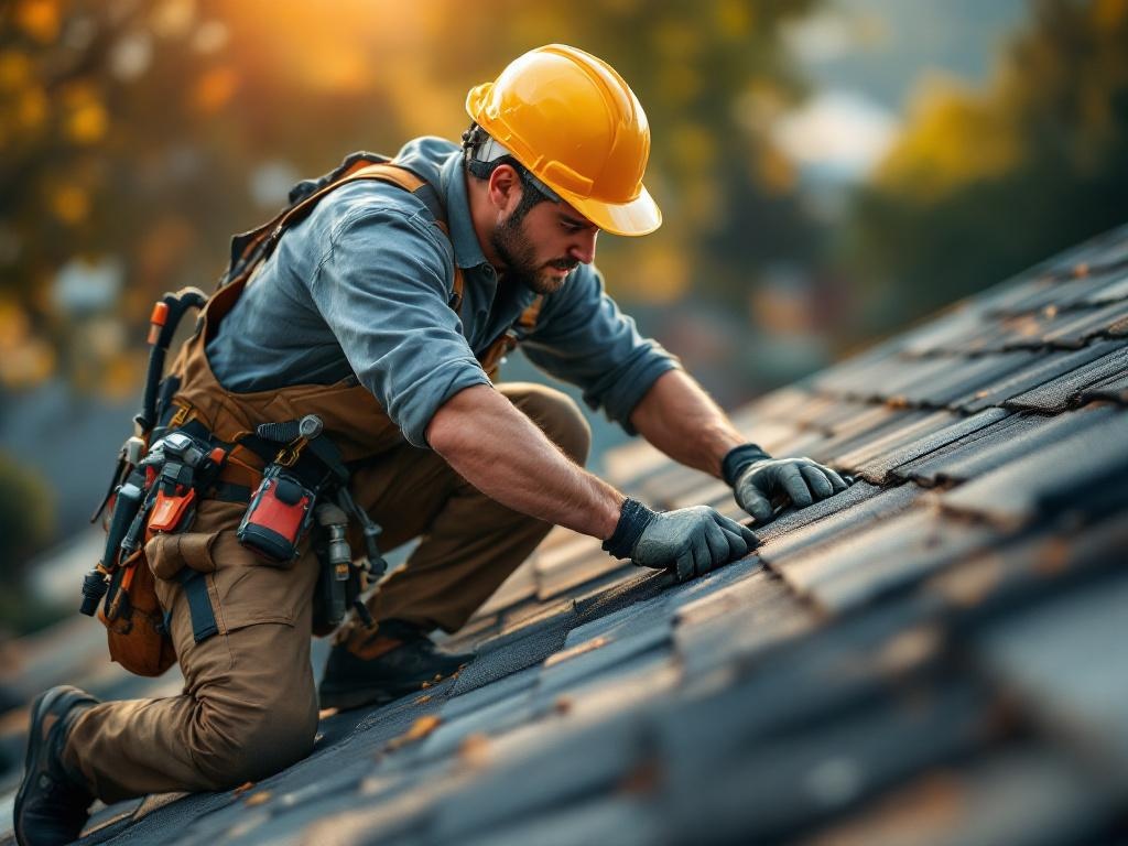 Professional roofing technician installing shingles on a roof with tools and equipment